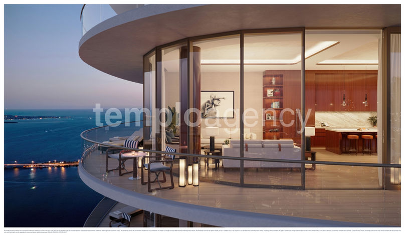 Render exterior de una residencia Canaletto en Cipriani Residences Miami, con terraza curva e interiores iluminados al atardecer.