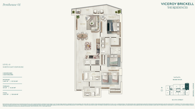 Plano del Penthouse 14 de Viceroy Brickell, residencia de dos recámaras y aproximadamente 115 m²