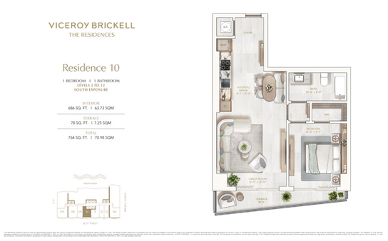 Plano de Residence 10 en Viceroy Brickell, departamento de una recámara con terraza