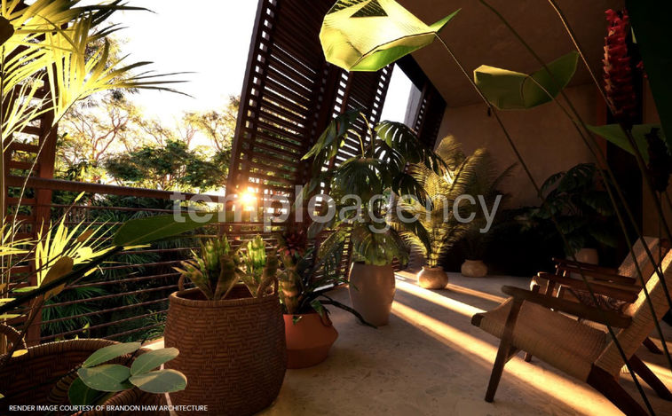 Render de una terraza de FAENA Tulum con madera, plantas y luz del atardecer.