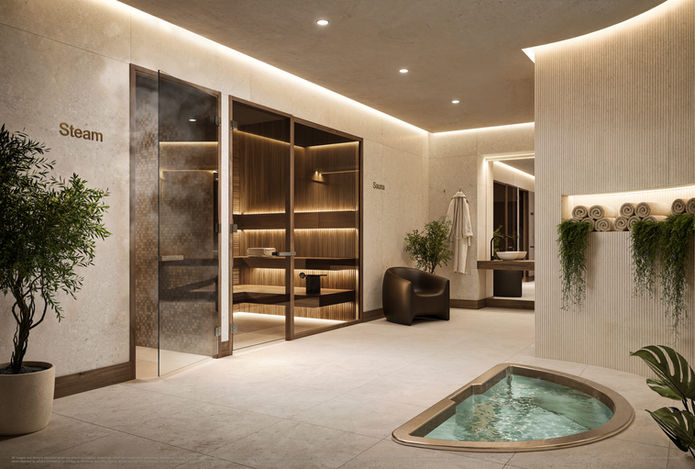 Spa de CORA Merrick Park, con piscinas de inmersión y espacios para relajación.