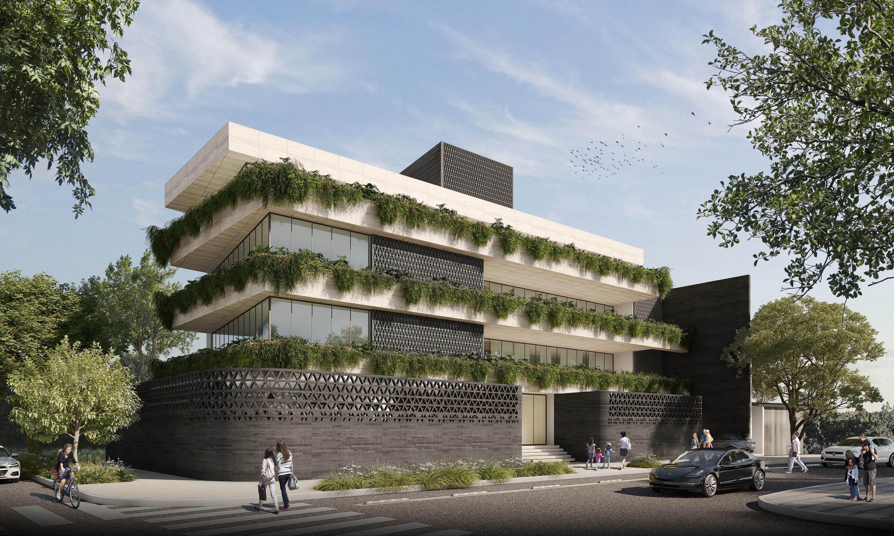 Render exterior de Horacio 930 en Polanco, con amplias terrazas y vegetación en la fachada