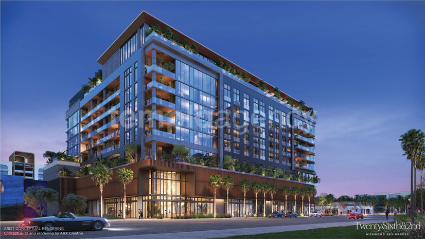 Fachada de Twenty Sixth & 2nd Wynwood Residences al atardecer en Miami
