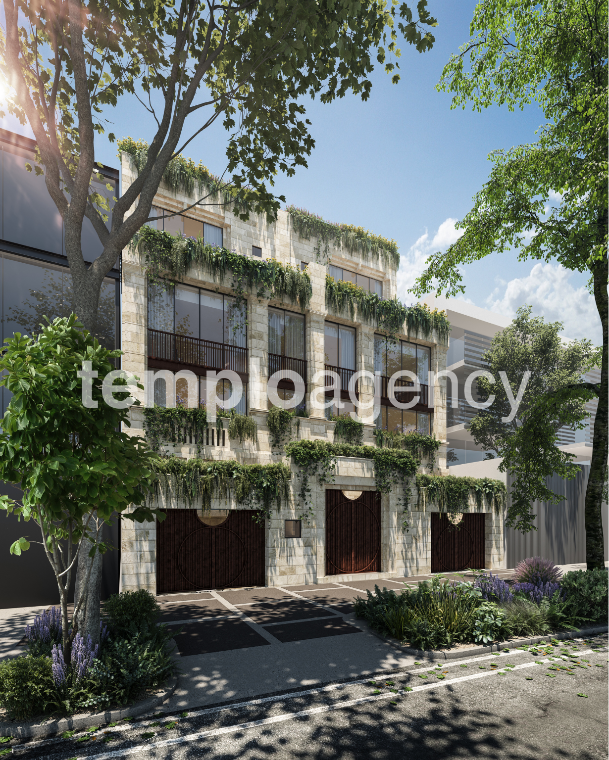 Render de la fachada de Eugenio Sue II en Polanco, rodeada de árboles y vegetación
