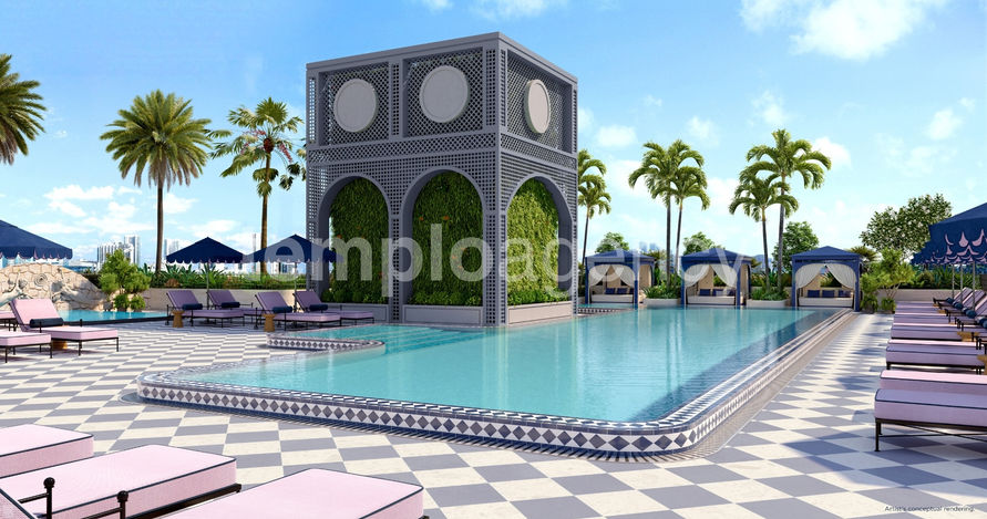 Render de piscina en la azotea de NoMad Residences Wynwood, Miami, rodeada de camastros, cabañas y palmeras.