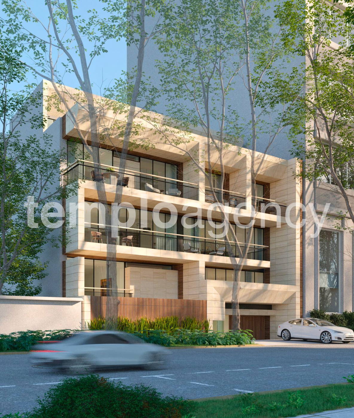 Render de la fachada de Lamartine I en Polanco, con balcones de cristal y árboles al frente