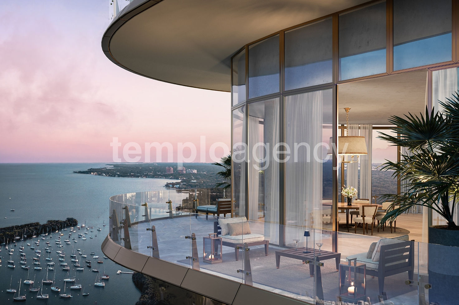 Render de las terrazas y fachada de Four Seasons Private Residences Coconut Grove frente a Biscayne Bay