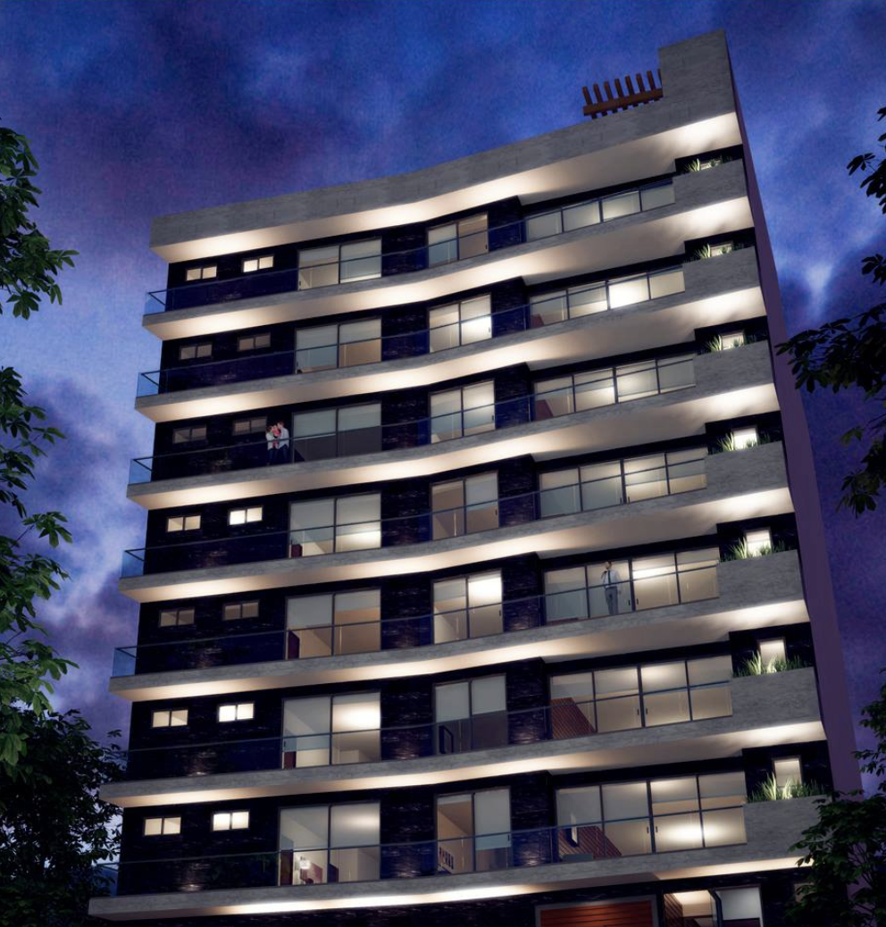 Render nocturno de la fachada de Paseo Ahuehuetes II, con balcones y ventanales iluminados en Bosques de las Lomas