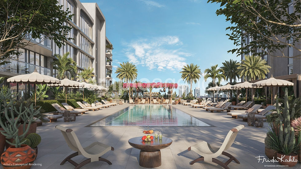 Render de la piscina y terraza con áreas de descanso en Frida Kahlo Wynwood Residences
