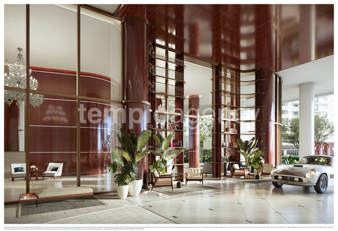 Render del acceso cubierto de Cipriani Residences Miami, con fachada acristalada y entrada al lobby.