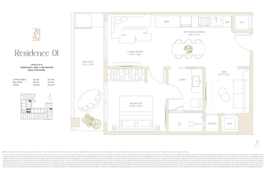 Plano de residencia 401–801 de una recámara con den y balcón