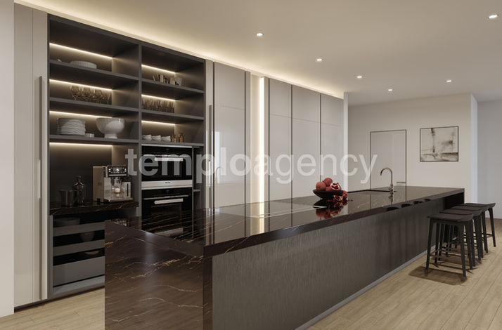 Cocina con isla de mármol y alacena abierta con iluminación integrada
