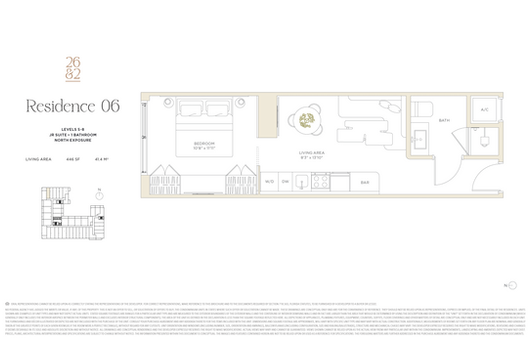 Plano de junior suite 506–806 con área de estar y una recámara