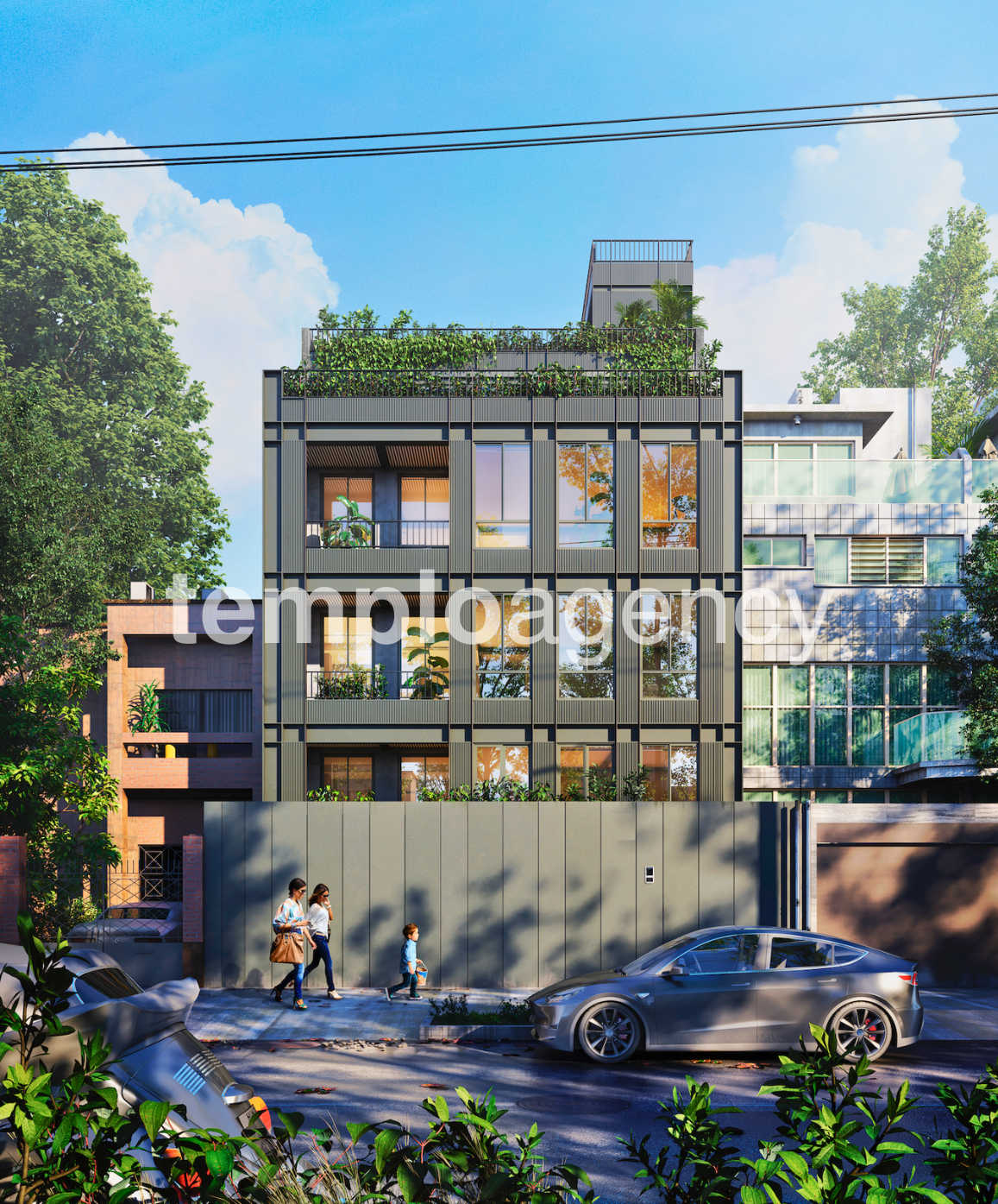 Render de la fachada de Goldsmith I en Polanco, con balcones y terraza superior