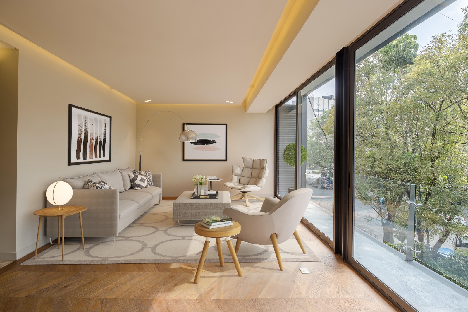Sala del penthouse de Alfredo Musset III en Polanco, con ventanales hacia la terraza