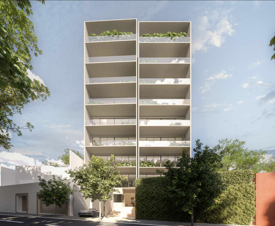 Render de la fachada de Paseo Ahuehuetes I, con amplias terrazas y jardineras en Bosques de las Lomas.