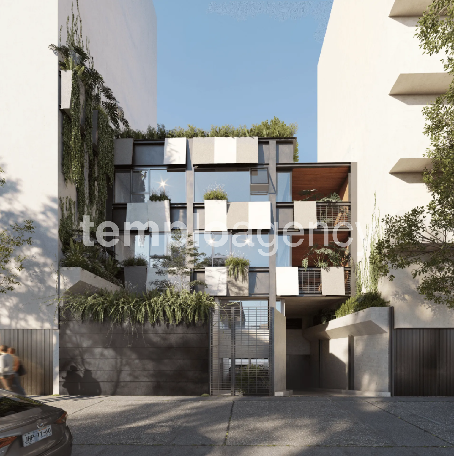 Render de la fachada de Schiller I en Polanco, con balcones y vegetación