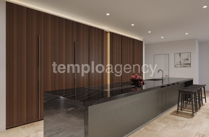 Cocina con isla de mármol oscuro y gabinetes de madera.