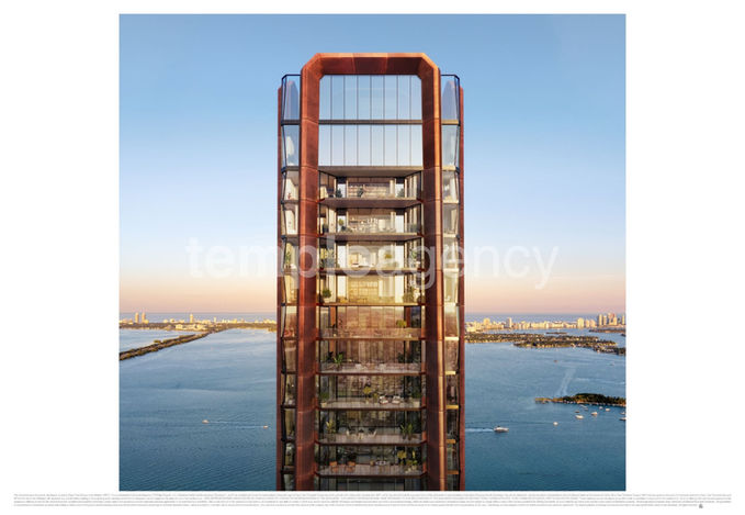 Render frontal de los últimos niveles y la estructura exterior de Villa Miami.