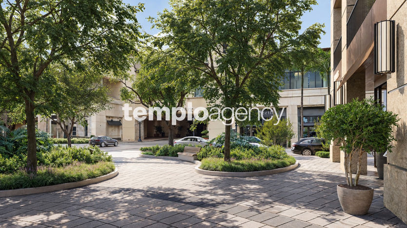 Sendero ajardinado junto a CORA Merrick Park y The Shops at Merrick Park.
