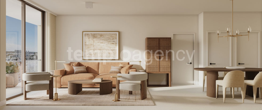Sala y comedor de Cassia Coral Gables, con mobiliario RH en tonos cálidos y acceso a la terraza.