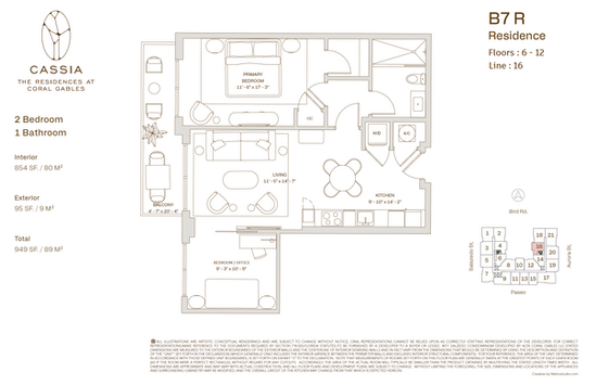 Plano B7 R de Cassia Coral Gables: dos recámaras y un baño, con 80 m² interiores y balcón de 9 m².