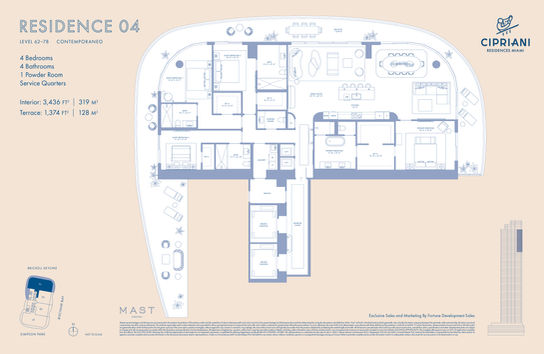 Plano de la residencia Canaletto 04 de Cipriani Residences Miami, con cuatro recámaras, cuatro baños, medio baño y 319 m² interiores.