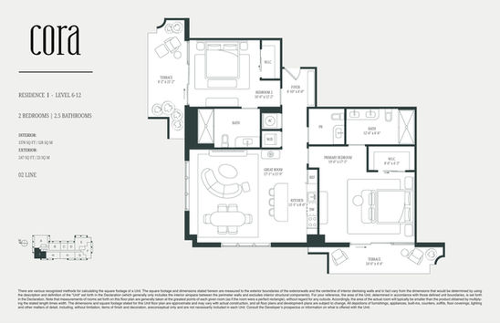 Plano I_02 (Lev 6-12) de CORA Merrick Park: 128 m² interiores y 23 m² exteriores, aproximadamente.