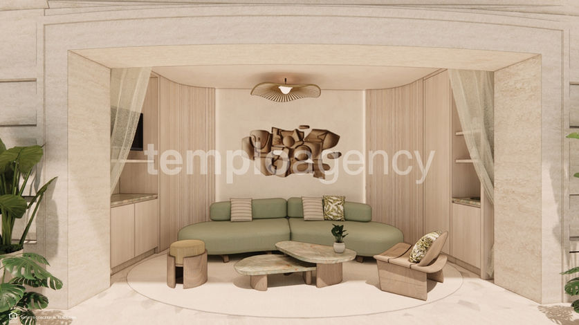 Render de una sala de estar con mobiliario de madera en St. Regis Residences Miami.