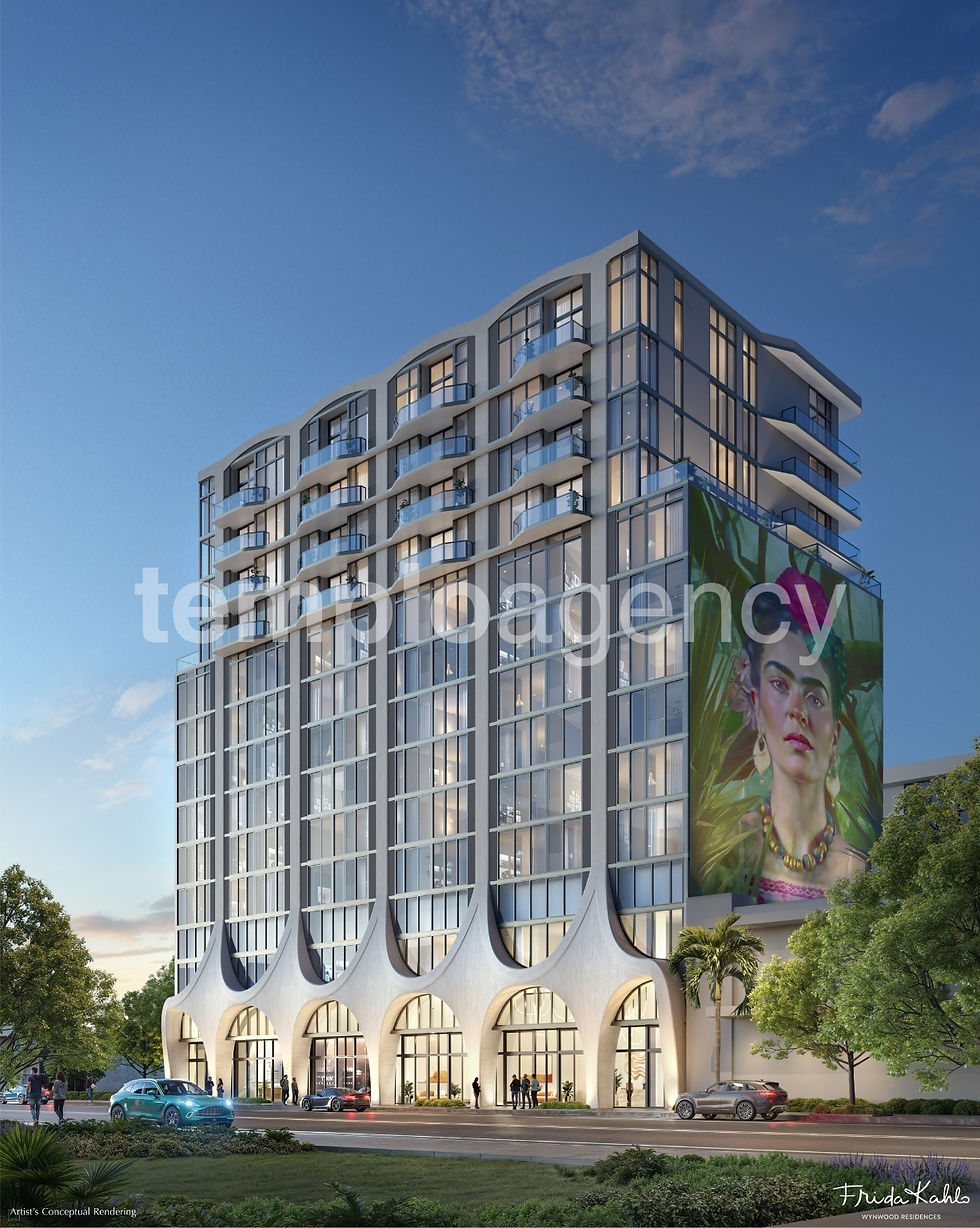 Render de la fachada de Frida Kahlo Wynwood Residences en Miami, con arquitectura curva y un mural de la artista.