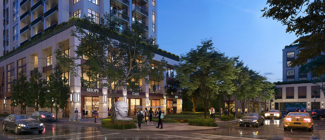 Render del parque de CORA Merrick Park al anochecer, junto a la fachada del edificio.