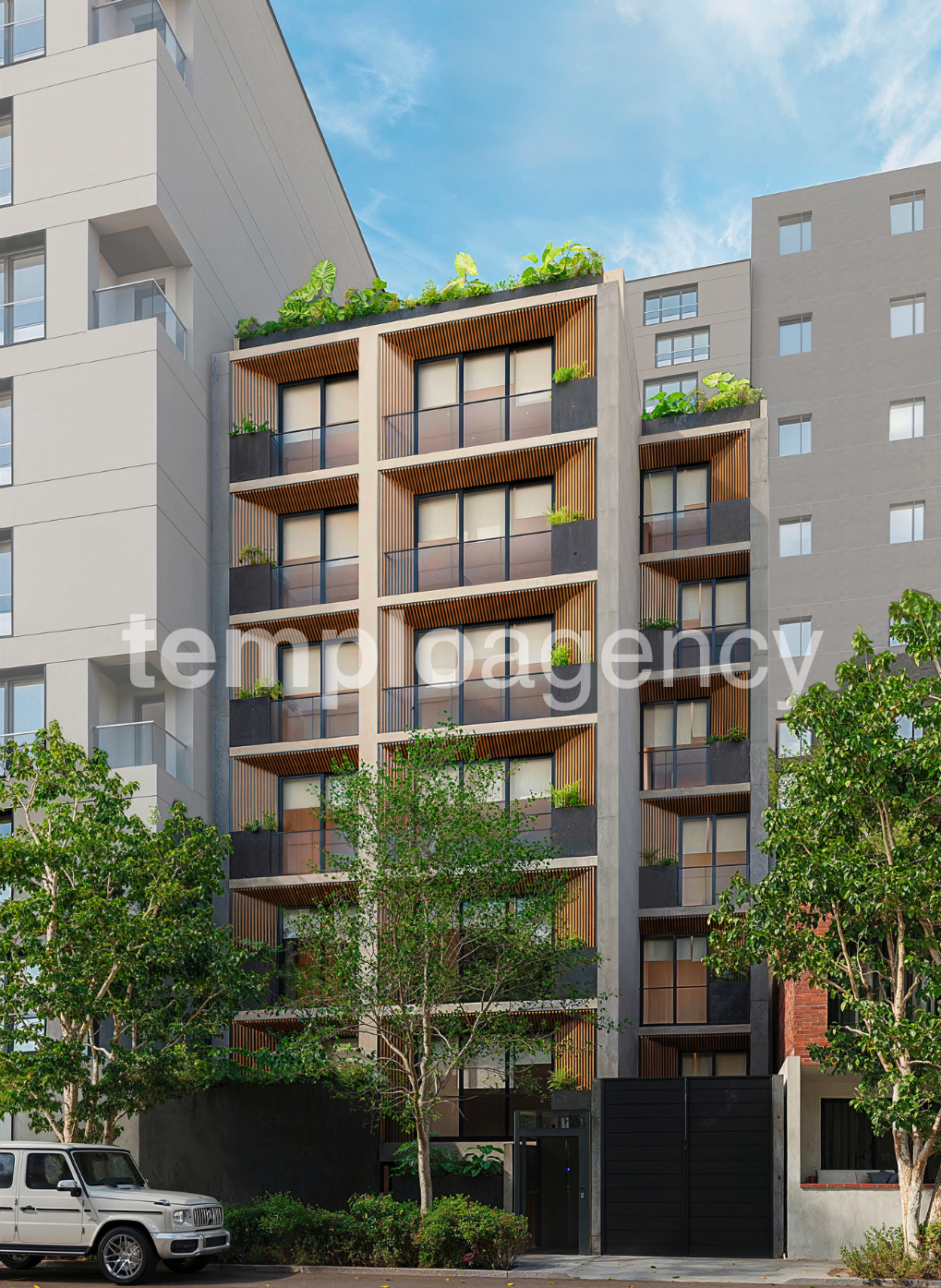 Render de la fachada de Rincón del Bosque I junto a Chapultepec, con balcones y jardineras