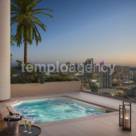 Render de jacuzzi de Edge House Miami en terraza con vistas al skyline al atardecer.
