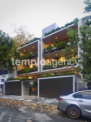 fachada con luces de ambiente del desarrollo en venta en calle tennyson 159