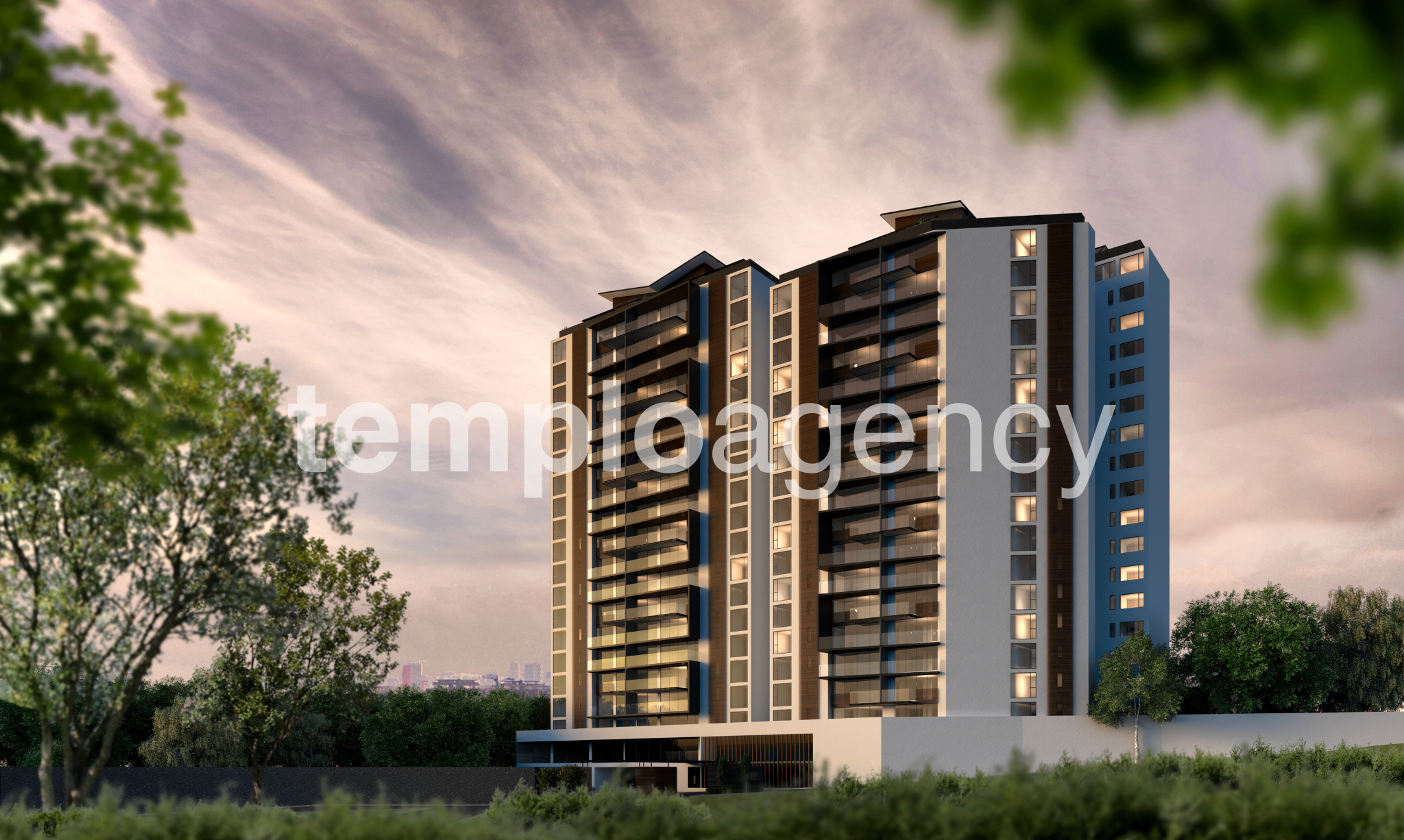 Render de la fachada de Bosques I, con balcones y áreas arboladas en Bosques de las Lomas, Ciudad de México