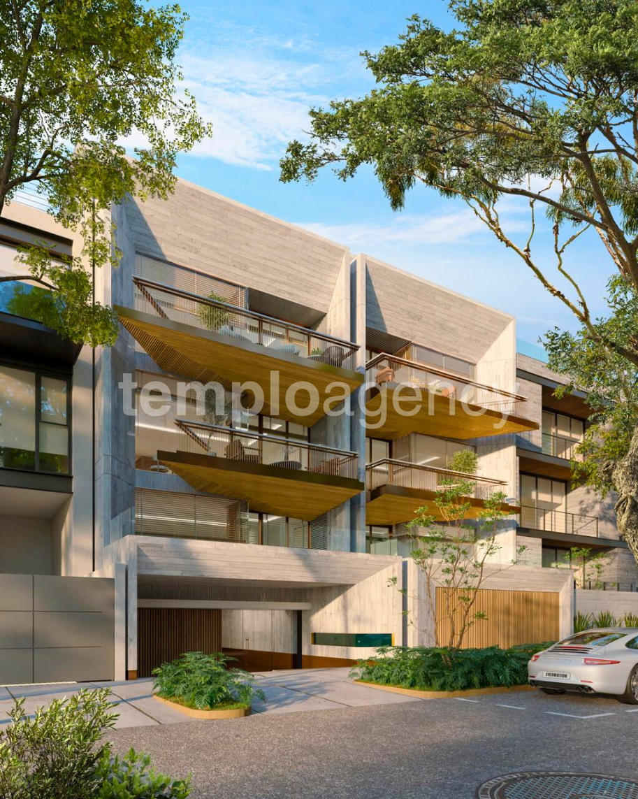 Render de la fachada de Musset VI en Polanco, con balcones y amplios ventanales