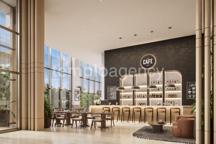 Render del café de Edge House Miami con barra, mesas y ventanales de doble altura.