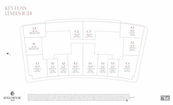 Plano de distribución de residencias de Edge House Miami en los niveles 11 al 34.