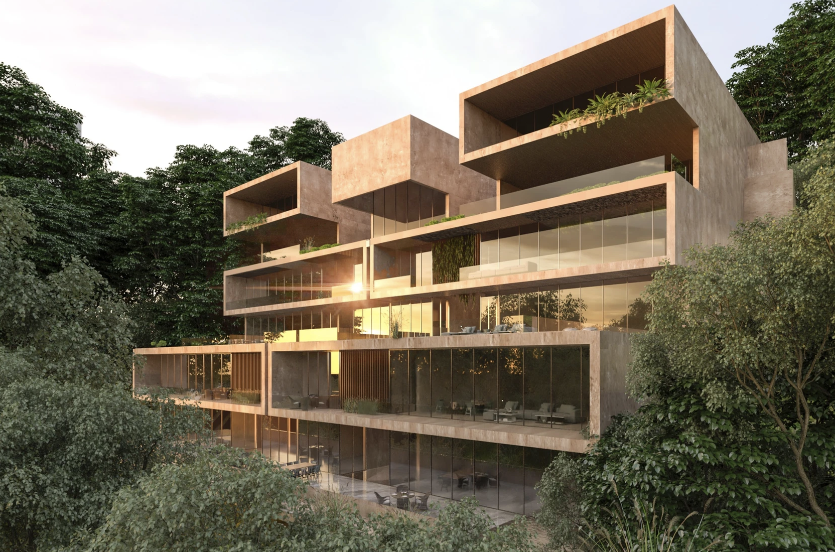 Render de Alcázar de Toledo II, desarrollo en preventa en Lomas de Reforma, con terrazas y fachada rodeada de vegetación