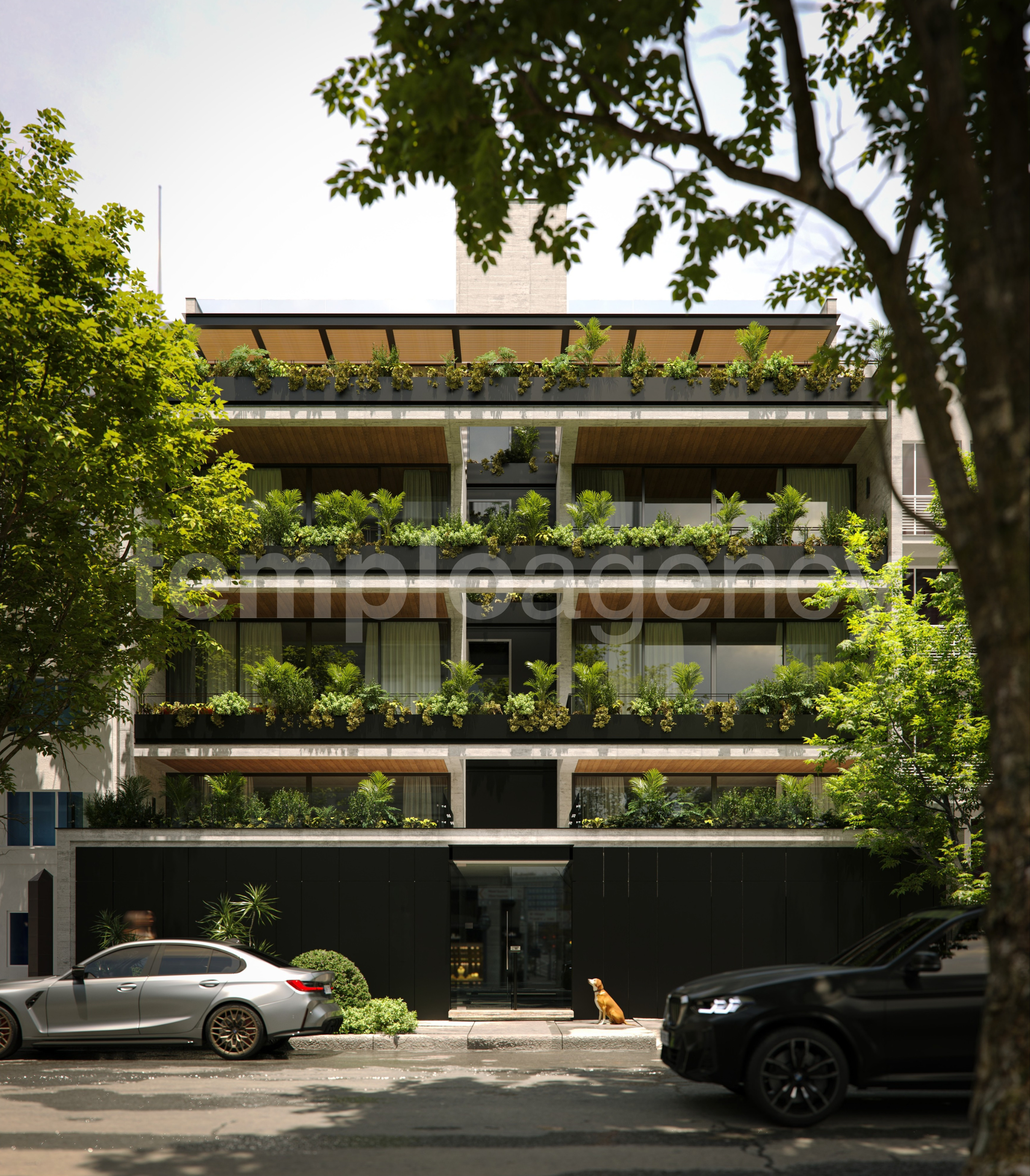 Render de la fachada de Aristóteles II en Polanco, con terrazas y jardineras