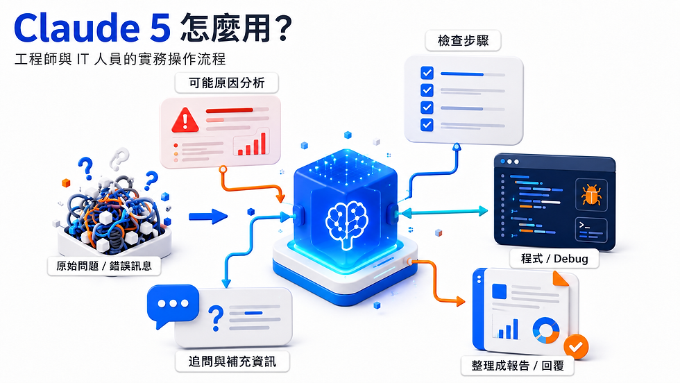 這張封面圖概括呈現 Claude 5 在工程師與 IT 人員工作流程中的角色,從原始問題、可能原因分析、檢查步驟、Debug,到最後的整理成報告或回覆。
