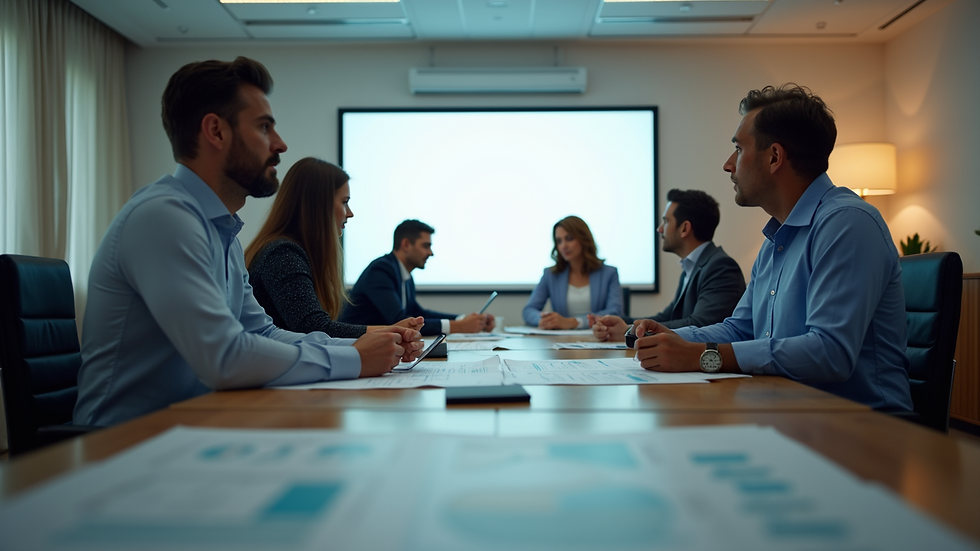 Eye-level view of a conference room with a team discussing project plans