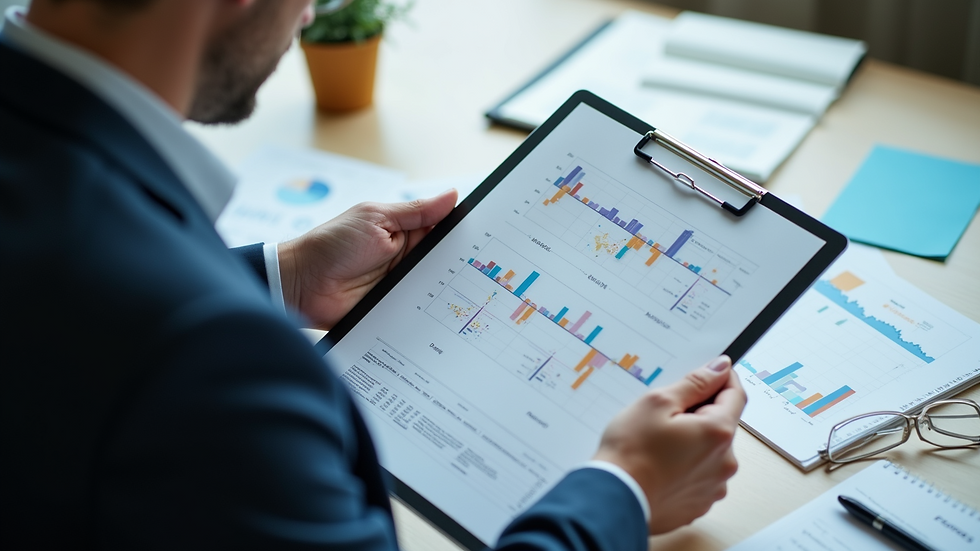 High angle view of a project manager reviewing charts and timelines