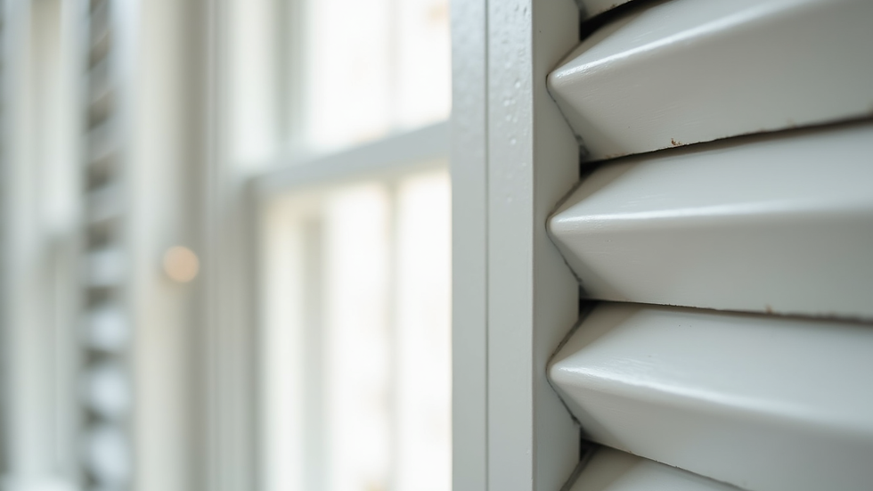 Close-up view of a white painted shutter with custom hardware on a window