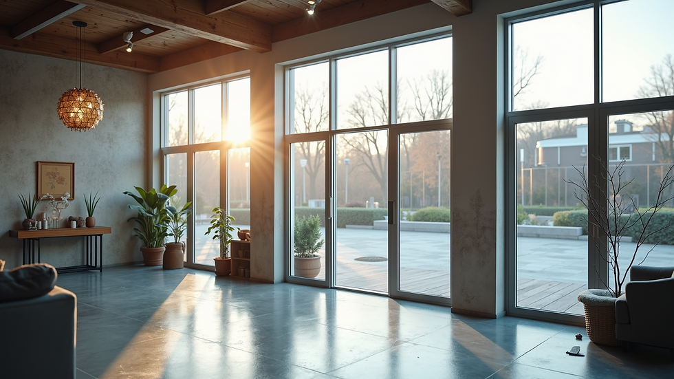 High angle view of premium window showroom displaying various window styles