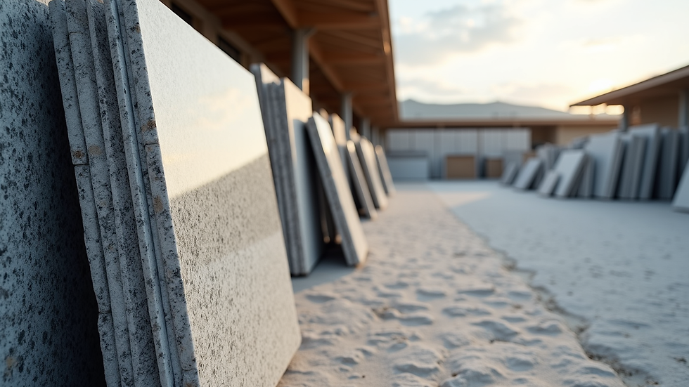 Eye-level view of granite slabs displayed in a spacious stone yard