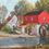 Thumbnail: th red watermill by thomas is a 12 by 24 inch lithograph and is a red mill on the water with a white house in the background and geese and a child by a river or creek.