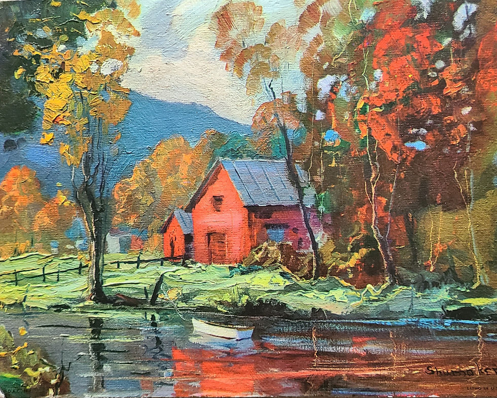 Thumbnail: Autmn Reflctions by Ed shumaker depicts images of autmn reflecting in the water in this vintage lithograph.