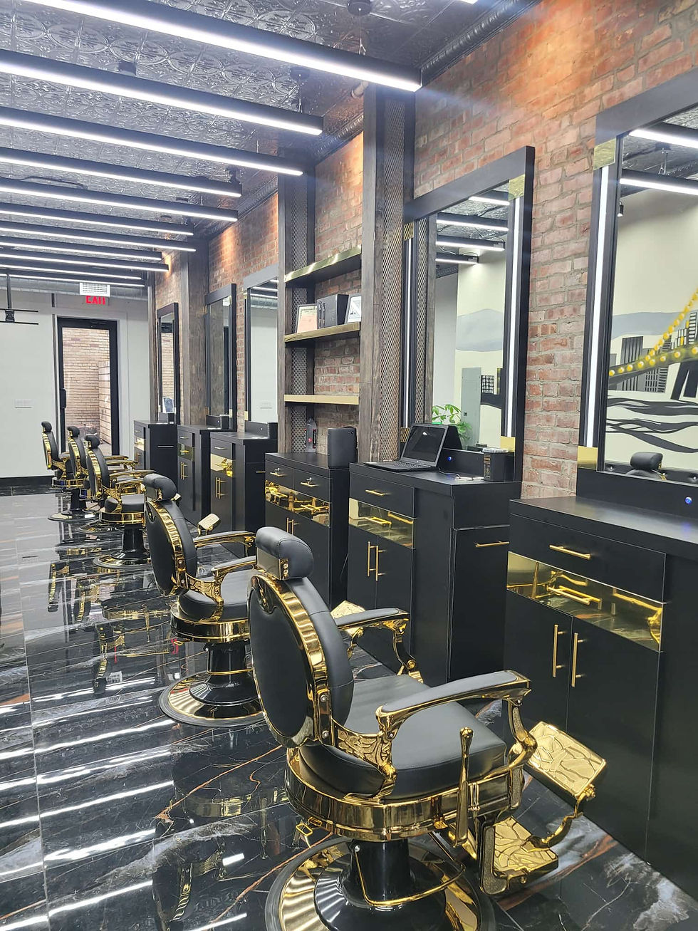 High angle view of a salon layout with customized furniture and equipment