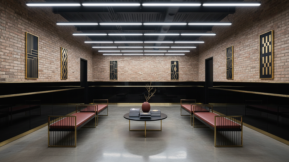 High angle view of a salon waiting area with modern benches